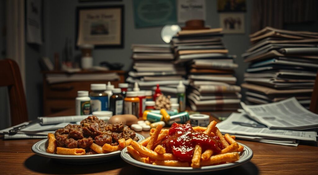 A dimly lit room with a cluttered table, showcasing various misconceptions about the keto diet. In the foreground, a plate of greasy fast food, conveying the mistaken belief that keto means eating unhealthy fats. In the middle ground, a jumble of supplements and pills, representing the false notion that keto requires an arsenal of expensive supplements. In the background, a stack of outdated magazines and newspapers, hinting at the spread of outdated or misinformed keto advice. The scene is captured with a vintage, moody aesthetic, using a slightly underexposed, warm-toned lens to create an atmosphere of confusion and skepticism surrounding the keto diet.
