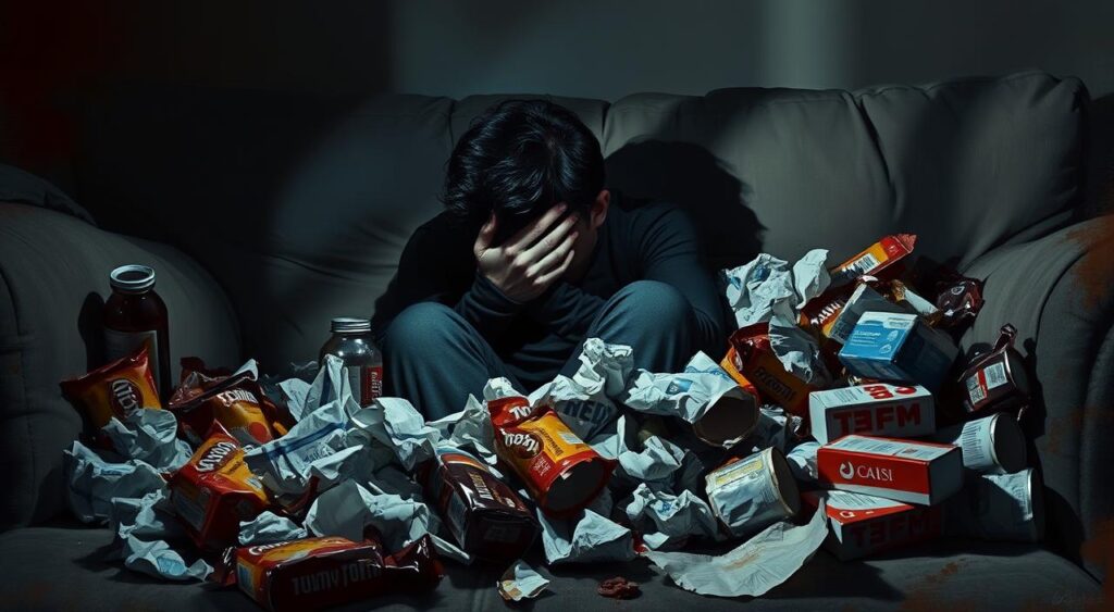 A distraught figure slumped on a couch, surrounded by crumpled wrappers and empty cartons. Dim lighting casts shadows across the scene, reflecting the somber mood. The person's face is buried in their hands, a visual representation of the emotional turmoil and guilt associated with weekend overeating. The cluttered environment, with discarded snacks and discarded self-control, symbolizes the psychology behind this behavior - the need to find comfort and escape in food during moments of stress or emotional distress. The composition and lighting create a sense of isolation and heaviness, inviting the viewer to empathize with the subject's internal struggles.