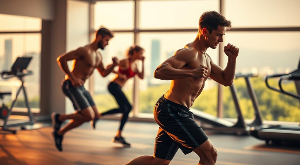 A dynamic scene of a person engaged in intense physical activity to rev up their metabolism. In the foreground, a fit individual performing high-intensity exercises like burpees or jumping jacks, their muscles visibly straining with effort. Bathed in warm, golden lighting that accentuates the contours of their body in motion. In the middle ground, a minimalist, modern gym setting with sleek equipment and clean lines. The background blurred, hinting at a view of a city skyline or lush, verdant landscape beyond, conveying a sense of energy and vitality. The overall mood is one of determination, focus, and the transformative power of movement to boost metabolism and burn fat.