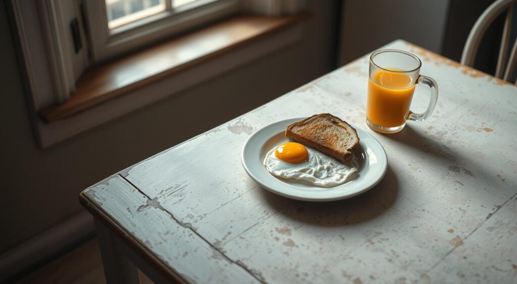 A faded and worn kitchen table, its surface scarred with the marks of past meals. On it, a plate holds a modest breakfast - a single slice of toast, a fried egg, and a small glass of orange juice. The lighting is soft and natural, filtering in through a nearby window. A sense of simplicity and quiet contemplation pervades the scene, hinting at the notion that a simple, unassuming breakfast may hold more power than the myth of it being the 