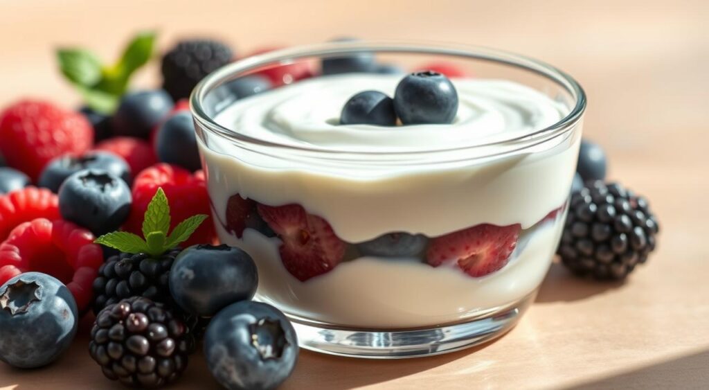 A glass container filled with a creamy, smooth Greek yogurt, meticulously crafted to highlight its probiotic properties. The yogurt is accompanied by an array of fresh, vibrant berries - juicy blueberries, raspberries, and blackberries - artfully arranged to create a visually appealing and appetizing composition. The lighting is soft and natural, casting a warm, inviting glow on the scene. The camera angle is slightly elevated, allowing the viewer to appreciate the layers of the dish and the interplay of textures and colors. The overall mood is one of health, wellness, and the benefits of incorporating probiotics into one's diet to support blood sugar control. A glass container filled with a creamy, smooth Greek yogurt, meticulously crafted to highlight its probiotic properties. The yogurt is accompanied by an array of fresh, vibrant berries - juicy blueberries, raspberries, and blackberries - artfully arranged to create a visually appealing and appetizing composition. The lighting is soft and natural, casting a warm, inviting glow on the scene. The camera angle is slightly elevated, allowing the viewer to appreciate the layers of the dish and the interplay of textures and colors. The overall mood is one of health, wellness, and the benefits of incorporating probiotics into one's diet to support blood sugar control.
