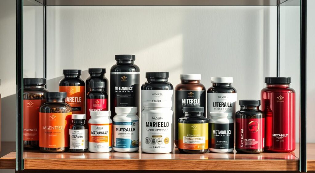 A glass-fronted cabinet displaying an assortment of sleek, modern-looking bottles and containers of various metabolism-boosting supplements. The lighting is soft and natural, highlighting the vibrant colors and textures of the products. The background is a clean, minimalist workspace, with a neutral-toned wall and a wooden or metal surface providing a stylish, high-end backdrop. The arrangement of the supplements creates a sense of balance and visual interest, showcasing their key features and benefits. The overall mood is one of professionalism, efficacy, and health-conscious appeal.