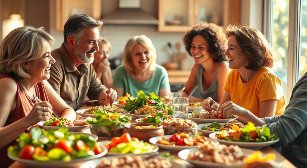 A group of people enjoying a healthy meal together, illuminated by warm, natural lighting. In the foreground, a table laden with a variety of colorful, nutrient-rich dishes typical of the DASH diet, such as fresh salads, whole grains, and lean proteins. In the middle ground, smiling faces of individuals of diverse ages and backgrounds, engaged in lively conversation, their expressions conveying a sense of contentment and well-being. The background features a serene, inviting environment, perhaps a cozy kitchen or a sun-dappled outdoor setting, creating an atmosphere of comfort and camaraderie. The overall scene radiates a mood of success, wellness, and the joy of shared healthy living.