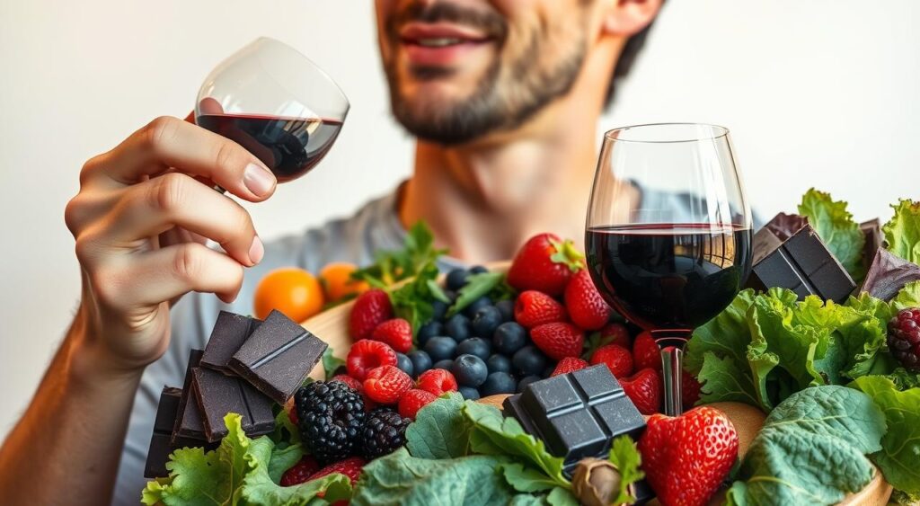 A health-conscious individual enjoying a vibrant, colorful array of sirtuin-rich foods, including dark leafy greens, berries, dark chocolate, and red wine, against a clean, minimalist background. Warm, natural lighting illuminates the scene, highlighting the rich textures and vibrant hues of the ingredients. The composition emphasizes the abundance and variety of the Sirtfood diet, conveying a sense of vitality and well-being. The overall atmosphere is one of balance, nourishment, and the pursuit of optimal health.