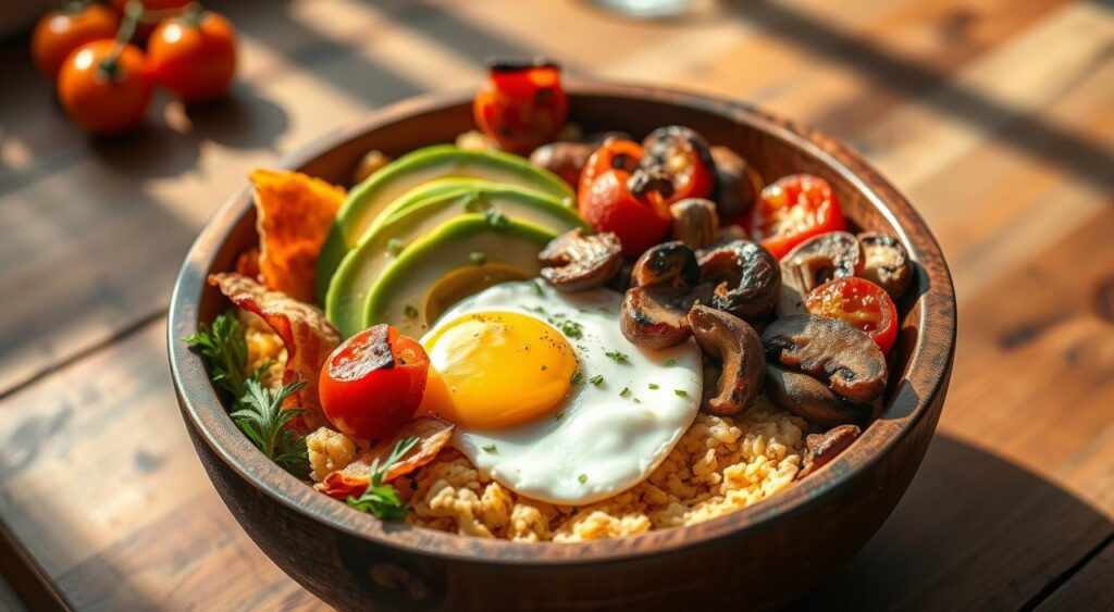 A hearty, high-protein breakfast bowl filled with scrambled eggs, sliced avocado, crispy bacon, sautéed mushrooms, and roasted cherry tomatoes. The ingredients are artfully arranged in a rustic wooden bowl, bathed in warm, natural lighting that casts soft shadows. The overall mood is comforting and nutritious, inviting the viewer to dig in and savor the satisfying, protein-packed meal. The camera angle is slightly elevated, providing a tantalizing, close-up view of the dish.