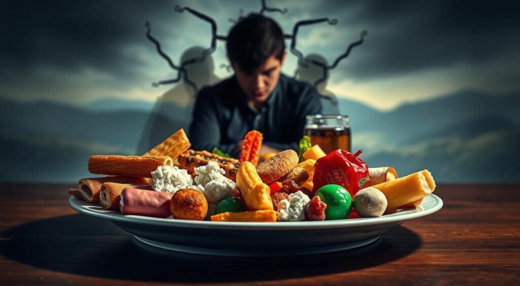 A high-contrast image depicting the impact of cortisol on diet. In the foreground, a plate filled with sugary, processed foods such as candy, soda, and fast food. Casting an ominous shadow over the plate is a stylized representation of the hormone cortisol, visualized as a dark, looming presence. The middle ground features a human figure, appearing stressed and anxious, with cortisol molecules swirling around them. The background is a blurred, moody landscape, conveying a sense of unease. The lighting is dramatic, with harsh shadows and highlights, emphasizing the tension between the unhealthy food choices and the physiological stress response. The overall tone is one of caution and awareness, highlighting the detrimental effects of high cortisol levels on dietary habits.