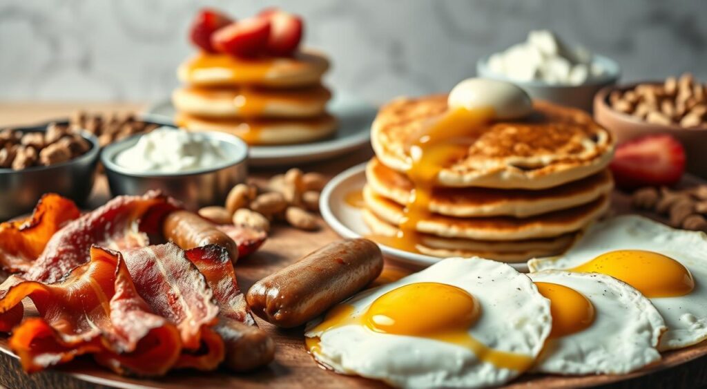 A high-quality, appetizing still life composition featuring an assortment of the best high-protein breakfast foods. In the foreground, crisp slices of bacon, savory sausage links, and perfectly cooked eggs with runny yolks. In the middle ground, a stack of fluffy protein-packed pancakes drizzled with maple syrup, accompanied by a bowl of Greek yogurt with fresh berries. In the background, a selection of nuts, seeds, and cottage cheese. The lighting is soft and warm, highlighting the textures and colors of the ingredients. The camera angle is slightly elevated, creating an inviting and visually appealing presentation. The overall mood is one of nourishment and wholesome indulgence.