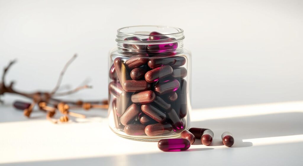 A high-resolution, beautifully lit, macro-style photograph of a glass jar filled with iodine-rich kelp supplements. The jar is positioned on a clean, minimalist background, showcasing the vibrant, deep purple-brown color of the kelp capsules. The lighting casts a warm, natural glow, highlighting the organic texture and detail of the supplements. The overall composition emphasizes the importance of iodine for optimal thyroid health, conveying a sense of simplicity and health-conscious wellness.
