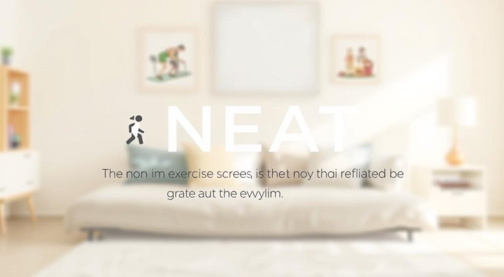 A high-resolution digital illustration of the definition of NEAT (Non-Exercise Activity Thermogenesis) against a soft, blurred background. The foreground features a clean, minimalist presentation of the term 