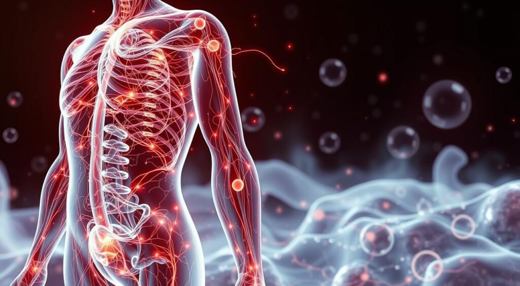 A hyper-detailed, close-up view of a human metabolism in action. The foreground showcases a glowing, translucent human figure with intricate, pulsing veins and circulatory systems. Energy flows visibly through the body, with sparks of heat and biochemical reactions. In the middle ground, a complex network of capillaries, enzymes, and hormones interact to regulate metabolic processes. The background is a subdued, ethereal landscape filled with swirling mists and abstract molecular structures, creating a sense of dynamism and interconnectedness. Crisp, high-contrast lighting from multiple angles highlights the anatomical details and energetic quality of the scene. Shot with a wide-angle lens to emphasize the scale and complexity of the metabolic system.