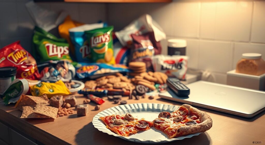 A kitchen countertop strewn with tempting snacks and desserts - an assortment of chips, cookies, chocolate bars, and a half-empty bag of candy. A laptop and TV remote nearby, hinting at sedentary weekend plans. The scene is bathed in soft, warm lighting, creating a cozy yet indulgent atmosphere. In the foreground, a half-eaten slice of pizza sits on a paper plate, symbolizing the start of a cycle of weekend overeating. The overall composition conveys a sense of comfort, convenience, and the struggle to resist unhealthy cravings during leisure time.