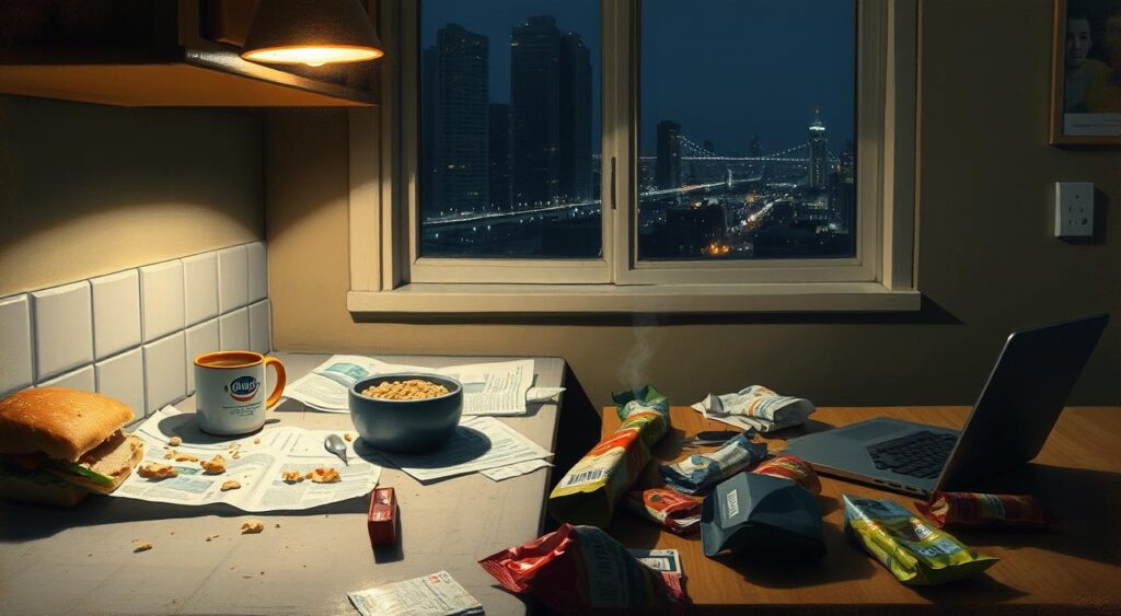 A late-night kitchen scene, dimly lit by a single overhead light casting a warm glow. On the counter, a half-eaten sandwich, a bowl of cereal, and a mug of steaming coffee sit amidst scattered crumbs and a discarded newspaper. The table is cluttered with empty snack bags and a laptop, hinting at a late-night working session. Through the window, the city skyline is visible, the lights of distant skyscrapers twinkling in the night. The atmosphere is cozy yet contemplative, as if the occupant is lost in thought, seeking solace in a midnight snack.