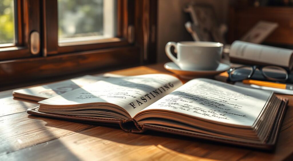 A leather-bound journal lies open on a wooden table, the pages filled with handwritten notes and sketches. The journal's cover is embossed with the word 