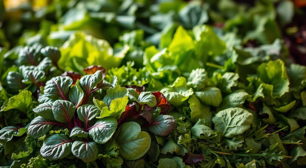 A lush, abundant display of fresh, vibrant leafy greens filling the frame. In the foreground, a mix of kale, spinach, and Swiss chard leaves cascade gracefully, their textures and shades of green glistening under the warm, natural lighting. The middle ground features crisp romaine lettuce, arugula, and collard greens, their shapes and hues complementing each other in a visually striking arrangement. In the background, a soft, blurred blur of additional leafy produce, suggesting a bountiful harvest. The lighting is soft and diffused, casting gentle shadows that accentuate the depth and dimension of the greens. The overall mood is one of health, vitality, and the nourishing goodness of these essential superfoods.