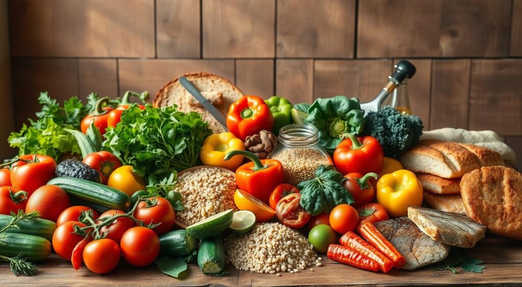 A lush and vibrant still life showcasing the core food groups of the Mediterranean diet. In the foreground, an assortment of fresh produce including ripe tomatoes, crisp cucumbers, leafy greens, and vibrant bell peppers. In the middle ground, a selection of whole grains such as hearty whole wheat bread, quinoa, and brown rice. Along the sides, an array of healthy fats like olive oil, avocados, and nuts, as well as lean proteins including grilled fish, chicken, and legumes. The backdrop is a rustic wooden table, bathed in warm, natural lighting that casts soft shadows, conveying the nourishing and wholesome essence of the Mediterranean way of eating.