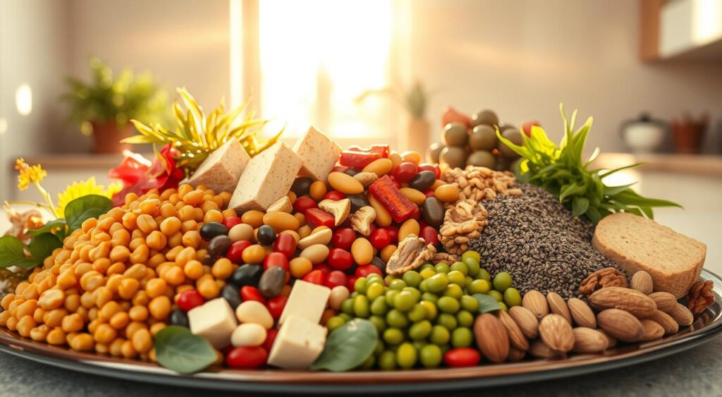 A lush, natural arrangement of various plant-based protein sources, illuminated by warm, golden sunlight streaming through a large window. In the foreground, a platter displays a vibrant array of legumes, including lentils, chickpeas, and kidney beans, alongside slices of tofu and tempeh. In the middle ground, a selection of nuts and seeds, such as almonds, walnuts, and chia, are beautifully scattered. The background features a minimalist, neutral-toned kitchen counter, allowing the colorful, high-protein plant-based ingredients to take center stage. The composition is balanced, visually appealing, and evokes a sense of wholesome, nourishing plant-based cuisine. A lush, natural arrangement of various plant-based protein sources, illuminated by warm, golden sunlight streaming through a large window. In the foreground, a platter displays a vibrant array of legumes, including lentils, chickpeas, and kidney beans, alongside slices of tofu and tempeh. In the middle ground, a selection of nuts and seeds, such as almonds, walnuts, and chia, are beautifully scattered. The background features a minimalist, neutral-toned kitchen counter, allowing the colorful, high-protein plant-based ingredients to take center stage. The composition is balanced, visually appealing, and evokes a sense of wholesome, nourishing plant-based cuisine.