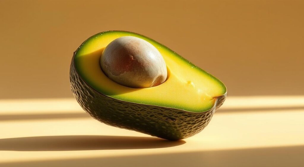 A lush, photorealistic close-up of a ripe avocado, its creamy green flesh gently sliced open to reveal its stone-like pit. The avocado is suspended in a warm, natural lighting, casting soft shadows on a simple, neutral background. The image captures the avocado's smooth, buttery texture and the rich, nutritious qualities that make it a superfood for stabilizing blood sugar levels. The composition emphasizes the avocado's calming, wholesome presence, inviting the viewer to appreciate its benefits as a low-glycemic, insulin-friendly food. A lush, photorealistic close-up of a ripe avocado, its creamy green flesh gently sliced open to reveal its stone-like pit. The avocado is suspended in a warm, natural lighting, casting soft shadows on a simple, neutral background. The image captures the avocado's smooth, buttery texture and the rich, nutritious qualities that make it a superfood for stabilizing blood sugar levels. The composition emphasizes the avocado's calming, wholesome presence, inviting the viewer to appreciate its benefits as a low-glycemic, insulin-friendly food.
