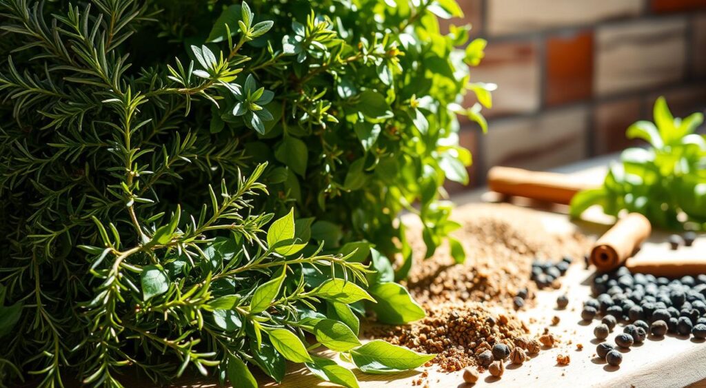 A lush, sunlit arrangement of fresh Mediterranean herbs and spices. In the foreground, a bouquet of fragrant rosemary, thyme, oregano, and basil, their vibrant green leaves glistening. In the middle ground, a scattering of whole and ground spices - earthy cumin, warm cinnamon, and pungent black peppercorns. The background evokes a rustic, sun-dappled kitchen counter, with glimpses of weathered wood and terracotta tiles. Soft, diffused lighting casts gentle shadows, creating a sense of depth and atmosphere. The overall mood is one of warmth, nourishment, and the flavors of the Mediterranean.