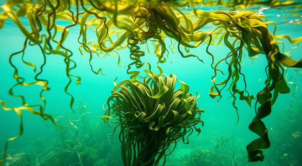 A lush, underwater seascape with vibrant green seaweed gently swaying in a current of crystal-clear, turquoise water. In the foreground, delicate fronds of kelp and spiraling strands of wakame float gracefully, their textures and hues evocative of nature's healing power. In the middle ground, clusters of nutrient-rich bladderwrack and leafy kombu sway in the current, their deep greens and browns conveying the richness of these thyroid-supporting superfoods. The background fades into a soft, hazy blue-green, creating a serene, calming atmosphere. Lit by soft, natural light filtering down from the surface, the scene exudes a sense of tranquility and wellness.