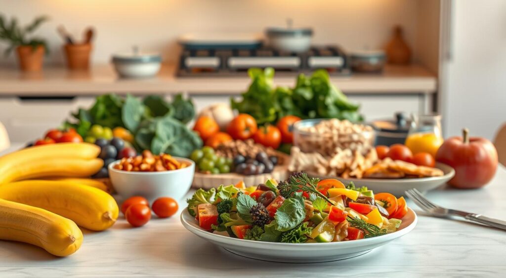 A meticulously arranged table featuring a variety of nutrient-dense foods, including fresh produce, lean proteins, whole grains, and healthy fats. The scene is bathed in warm, soft lighting, creating a cozy, inviting atmosphere. In the foreground, a plate showcases a balanced, visually appealing meal that exemplifies the principles of a metabolic syndrome diet, with vibrant colors and a harmonious composition. In the middle ground, various meal prep containers and measuring utensils hint at the planning and preparation involved in crafting a personalized dietary approach. The background features a minimalist, clean-lined kitchen setting, emphasizing the importance of a thoughtful, intentional approach to managing metabolic syndrome through diet.