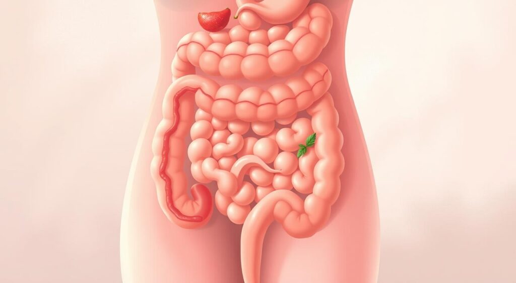 A meticulously detailed illustration showcasing the digestive system in the context of irritable bowel syndrome. The foreground depicts the lower abdomen, highlighting the colon and highlighting the areas affected by IBS, with a clear emphasis on the physiological changes and discomfort associated with the condition. The middle ground incorporates a selection of low-FODMAP foods known to help manage IBS symptoms, arranged in a visually appealing and informative manner. The background features a soft, muted color palette and subtle patterns that evoke a sense of tranquility and wellness, complementing the overall educational and informative nature of the image. The lighting is soft and diffused, creating a soothing and approachable atmosphere. The camera angle is slightly elevated, providing a comprehensive and informative view of the subject matter. A meticulously detailed illustration showcasing the digestive system in the context of irritable bowel syndrome. The foreground depicts the lower abdomen, highlighting the colon and highlighting the areas affected by IBS, with a clear emphasis on the physiological changes and discomfort associated with the condition. The middle ground incorporates a selection of low-FODMAP foods known to help manage IBS symptoms, arranged in a visually appealing and informative manner. The background features a soft, muted color palette and subtle patterns that evoke a sense of tranquility and wellness, complementing the overall educational and informative nature of the image. The lighting is soft and diffused, creating a soothing and approachable atmosphere. The camera angle is slightly elevated, providing a comprehensive and informative view of the subject matter.