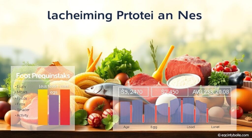 A meticulously detailed illustration showcasing the ideal protein intake for optimal health. In the foreground, a vibrant infographic displays clear, data-driven metrics on daily protein requirements, differentiated by age, gender, and activity level. The middle ground features a harmonious composition of protein-rich food items, including lean meats, fish, eggs, and plant-based sources, all captured in a crisp, high-resolution photographic style. The background depicts a serene, natural environment with soft, diffused lighting, creating a sense of balance and wellness. The overall scene conveys a scientifically-grounded, yet visually appealing, representation of 