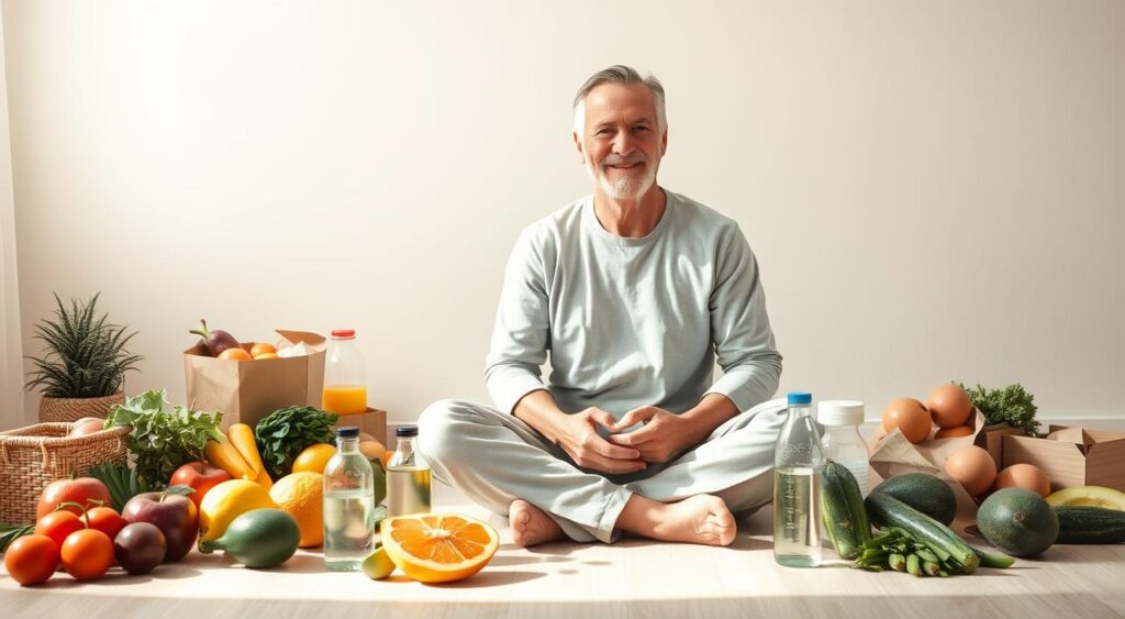 A middle-aged person sitting cross-legged on the floor, surrounded by healthy foods like fresh fruits, vegetables, and water bottles. The individual has a content, focused expression, signifying the mental and physical benefits of intermittent fasting. Soft, natural lighting illuminates the scene, creating a serene, wellness-focused atmosphere. The background features a minimalist, clean-lined room, emphasizing the sense of introspection and personal transformation. The overall composition conveys the positive impact of intermittent fasting on weight loss and overall well-being. A middle-aged person sitting cross-legged on the floor, surrounded by healthy foods like fresh fruits, vegetables, and water bottles. The individual has a content, focused expression, signifying the mental and physical benefits of intermittent fasting. Soft, natural lighting illuminates the scene, creating a serene, wellness-focused atmosphere. The background features a minimalist, clean-lined room, emphasizing the sense of introspection and personal transformation. The overall composition conveys the positive impact of intermittent fasting on weight loss and overall well-being.