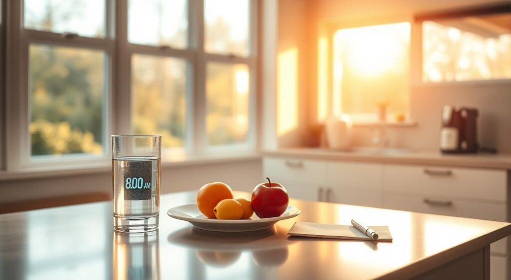 A minimalist kitchen counter with a glass of water, a plate of fresh fruit, and a digital clock displaying 8:00 AM. The room is bathed in warm, natural lighting from large windows, creating a serene and inviting atmosphere. On the counter, a simple notepad and pen suggest a productive, health-conscious start to the day. The overall scene conveys the calm and discipline associated with the 16/8 intermittent fasting lifestyle, highlighting the importance of properly timing meals and staying hydrated.