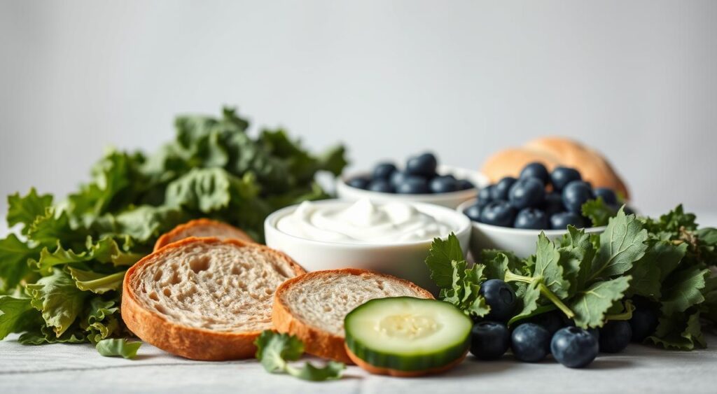 A minimalist still life depicting a selection of low-FODMAP foods, shot in natural daylight with soft, diffused lighting and a shallow depth of field. In the foreground, an assortment of green vegetables such as spinach, kale, and cucumbers, along with a few slices of gluten-free bread. In the middle ground, a bowl of plain, unsweetened yogurt and a handful of blueberries. The background is a simple, neutral-colored surface, allowing the vibrant colors of the food to take center stage. The overall mood is soothing and calming, conveying a sense of nutritious relief for those following an IBS-friendly diet. A minimalist still life depicting a selection of low-FODMAP foods, shot in natural daylight with soft, diffused lighting and a shallow depth of field. In the foreground, an assortment of green vegetables such as spinach, kale, and cucumbers, along with a few slices of gluten-free bread. In the middle ground, a bowl of plain, unsweetened yogurt and a handful of blueberries. The background is a simple, neutral-colored surface, allowing the vibrant colors of the food to take center stage. The overall mood is soothing and calming, conveying a sense of nutritious relief for those following an IBS-friendly diet.