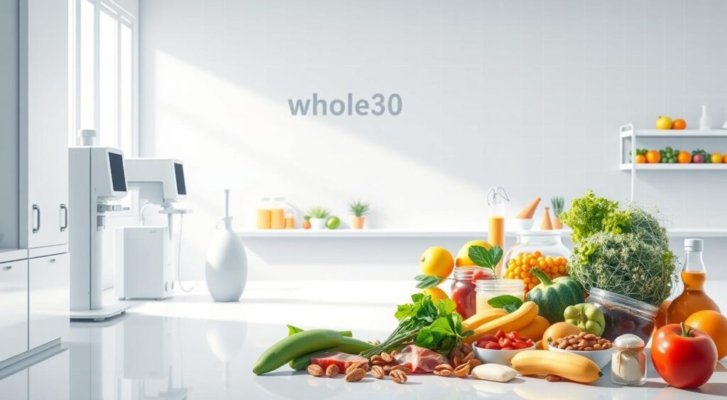 A minimalist yet informative scientific illustration of the Whole30 program. In the foreground, a clean white laboratory setting with sleek modern equipment and instruments. In the middle ground, a collection of healthy whole foods - fresh produce, lean proteins, nuts, and wholesome fats. The background features a subtle grid or graph paper motif, evoking the rigorous data-driven approach of the Whole30 methodology. Warm, directional lighting casts a sense of clarity and focus. The overall composition strikes a balance between clinical precision and natural, nourishing elements, visually conveying the scientific principles behind the Whole30 program.