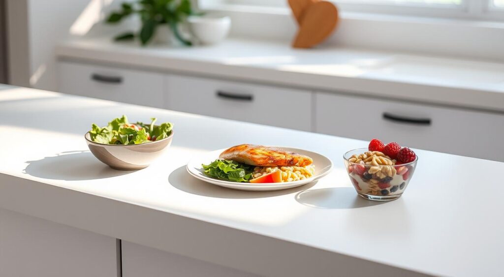 A minimalist yet inviting kitchen countertop, illuminated by soft natural light. On the surface, a variety of small, healthy meals are artfully arranged - a bowl of fresh salad, a plate of grilled fish and steamed vegetables, a small portion of whole grain pasta, and a cup of yogurt with berries. The mood is calm and conducive to mindful eating, encouraging the viewer to consider the benefits of consuming multiple small, nutritious meals throughout the day.