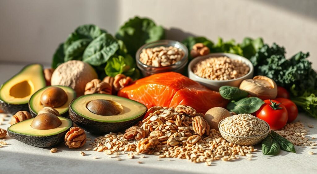A mouthwatering still life composition showcasing an assortment of nutrient-dense, cholesterol-lowering superfoods. In the foreground, a vibrant array of fresh produce including avocados, salmon, walnuts, and oats, arranged artfully against a neutral backdrop. Soft, natural lighting from the side creates depth and highlights the textures and colors of the ingredients. In the middle ground, a few whole grains like quinoa and brown rice add visual interest, while in the background, leafy greens such as spinach and kale provide a lush, verdant contrast. The overall scene radiates a sense of health, vitality, and culinary sophistication, perfectly encapsulating the concept of 