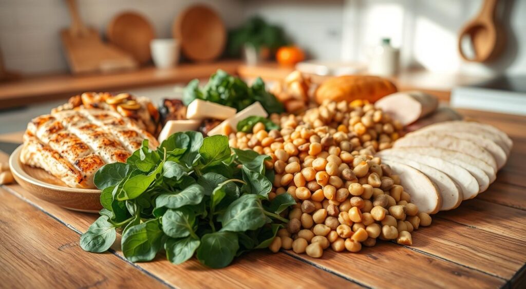 A neatly arranged composition showcasing an assortment of low-fat protein sources on a rustic wooden table, bathed in warm, natural lighting. In the foreground, juicy grilled chicken breasts, succulent baked tofu cubes, and lean turkey slices sit alongside a variety of legumes, such as lentils, chickpeas, and edamame. In the middle ground, crisp, vibrant green leafy vegetables, like spinach and kale, provide a nutritious accompaniment. The background features a subtle, blurred kitchen scene, hinting at the broader context of a healthy, heart-conscious meal. The overall mood is one of simplicity, freshness, and nutritional abundance, reflecting the importance of low-fat protein sources for a balanced, heart-healthy diet. A neatly arranged composition showcasing an assortment of low-fat protein sources on a rustic wooden table, bathed in warm, natural lighting. In the foreground, juicy grilled chicken breasts, succulent baked tofu cubes, and lean turkey slices sit alongside a variety of legumes, such as lentils, chickpeas, and edamame. In the middle ground, crisp, vibrant green leafy vegetables, like spinach and kale, provide a nutritious accompaniment. The background features a subtle, blurred kitchen scene, hinting at the broader context of a healthy, heart-conscious meal. The overall mood is one of simplicity, freshness, and nutritional abundance, reflecting the importance of low-fat protein sources for a balanced, heart-healthy diet.
