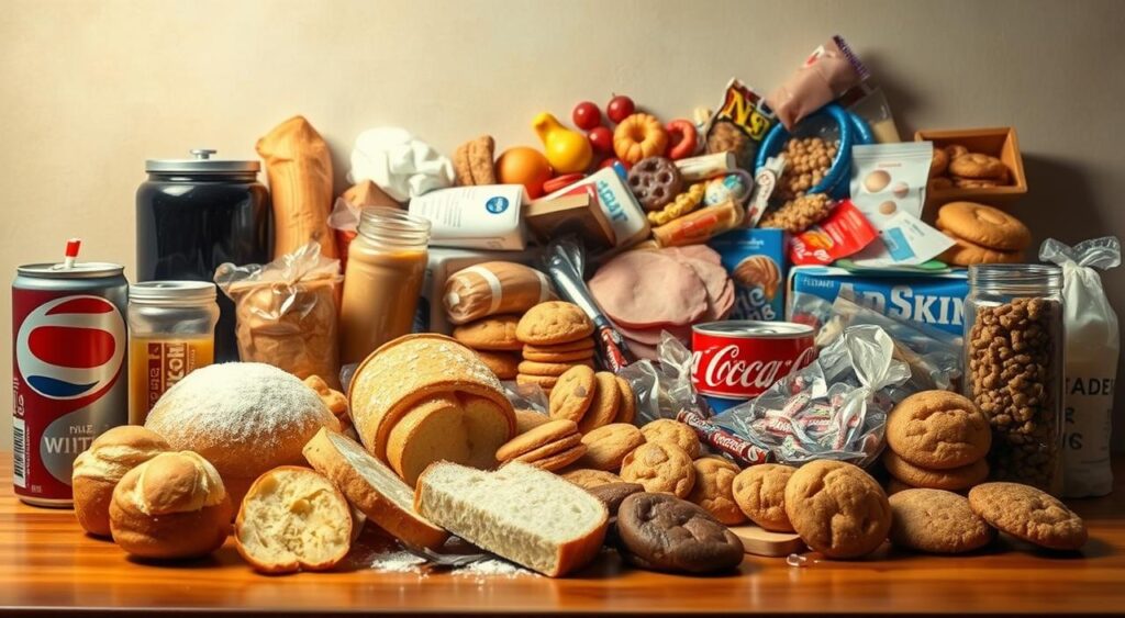 A neatly arranged still life capturing a selection of prediabetes-friendly foods to avoid. In the foreground, a variety of sugary and starchy items such as white bread, pastries, and soft drinks are prominently displayed. The middle ground features a mix of high-fat, high-sodium processed meats and cheeses. In the background, a cluttered arrangement of candies, cookies, and other sweet snacks evokes a sense of temptation and indulgence. Warm, diffused lighting casts a slightly hazy atmosphere, suggesting the allure and danger of these unhealthy choices. The composition emphasizes the contrast between the tempting yet harmful nature of these prediabetes-triggering foods.
