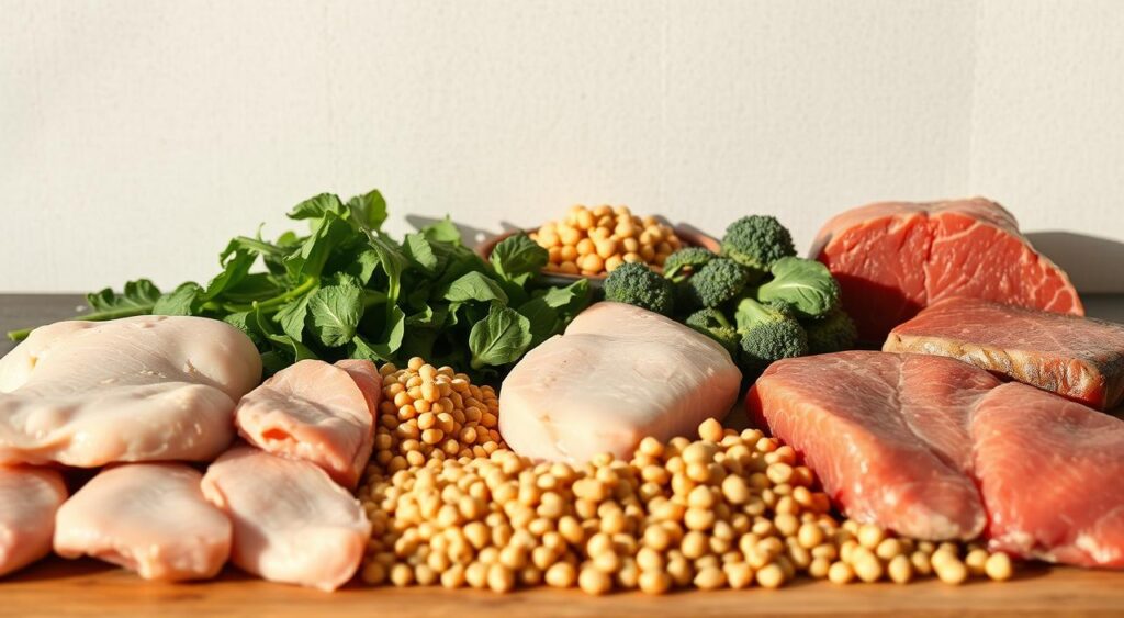 A neatly arranged still life composition showcasing an assortment of lean protein sources for a heart-healthy diet. In the foreground, juicy chicken breasts, succulent salmon fillets, and lean cuts of beef are displayed against a neutral backdrop. The middle ground features various legumes, such as lentils and chickpeas, alongside crisp green vegetables like spinach and broccoli. Subtle natural lighting from the side casts warm shadows, accentuating the textures and colors of the ingredients. The overall mood is one of wholesome, nutritious abundance, encouraging the viewer to incorporate these lean protein-rich foods into their cholesterol-lowering diet.