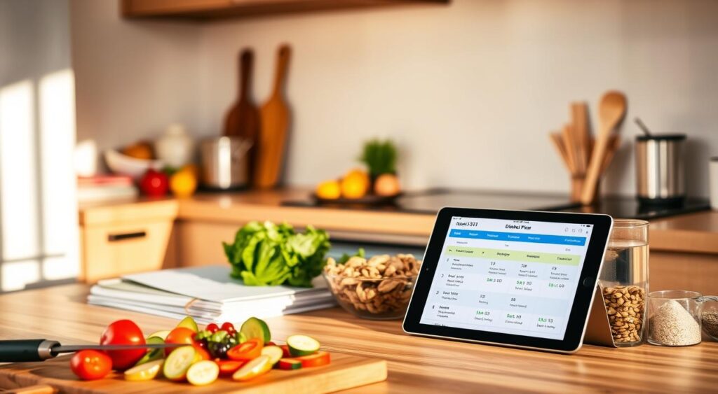 A neatly organized kitchen counter with an assortment of fresh produce, whole grains, and lean protein sources. A digital tablet displays a personalized meal plan, with portion sizes and nutritional information tailored for a diabetic diet. Warm, natural lighting casts a gentle glow, creating a calming and informative atmosphere. In the foreground, a cutting board showcases colorful, sliced vegetables, while recipe books and a measuring cup lend a sense of thoughtful meal preparation. The middle ground features a bowl of mixed greens, a jar of nuts, and a glass of water, emphasizing the importance of a balanced, diabetes-friendly diet. The background depicts a minimalist, clutter-free kitchen, allowing the focus to remain on the healthy meal planning process. A neatly organized kitchen counter with an assortment of fresh produce, whole grains, and lean protein sources. A digital tablet displays a personalized meal plan, with portion sizes and nutritional information tailored for a diabetic diet. Warm, natural lighting casts a gentle glow, creating a calming and informative atmosphere. In the foreground, a cutting board showcases colorful, sliced vegetables, while recipe books and a measuring cup lend a sense of thoughtful meal preparation. The middle ground features a bowl of mixed greens, a jar of nuts, and a glass of water, emphasizing the importance of a balanced, diabetes-friendly diet. The background depicts a minimalist, clutter-free kitchen, allowing the focus to remain on the healthy meal planning process.