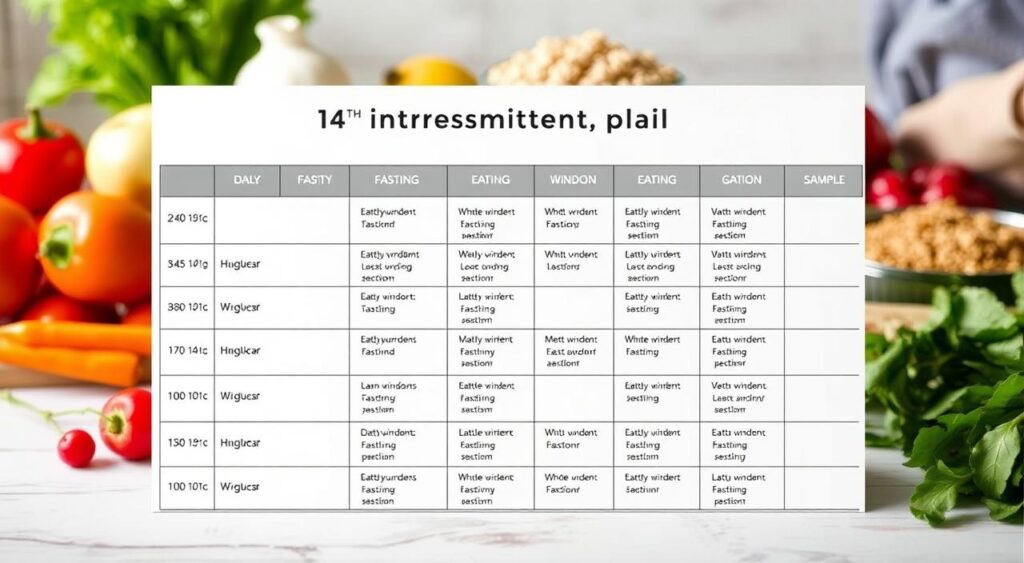 A neatly organized table showcasing a 14-day intermittent fasting meal plan, set against a soft, blurred background of healthy ingredients like fresh produce, whole grains, and lean protein sources. The table features clean, minimal typography detailing the daily meal breakdowns, including fasting windows, eating windows, and sample meals. The lighting is soft and natural, highlighting the simplicity and approachability of the plan. The overall mood is one of balance, wellness, and a sense of structured yet flexible guidance for the viewer's intermittent fasting journey.