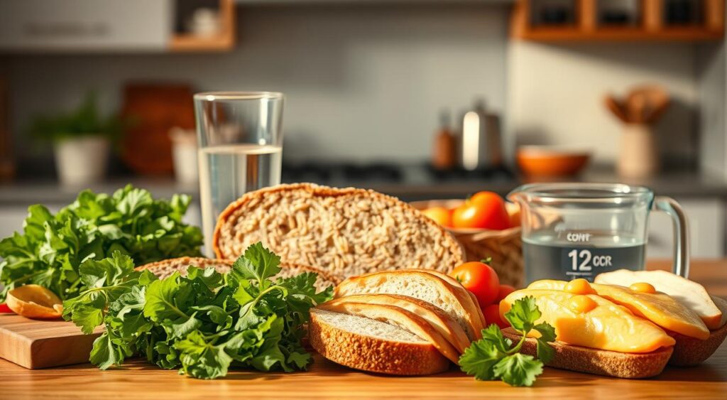 A nourishing arrangement of whole grain breads, leafy greens, and portions of lean proteins, presented against a softly lit kitchen backdrop. The mid-ground features a glass of water and a measuring cup, subtly conveying the importance of portion control and hydration for type 2 diabetes management. Warm, natural lighting casts a comforting glow, evoking a sense of mindful, balanced eating. The composition emphasizes the timing and selection of carbohydrate-rich foods, highlighting their role in a holistic approach to dietary health.