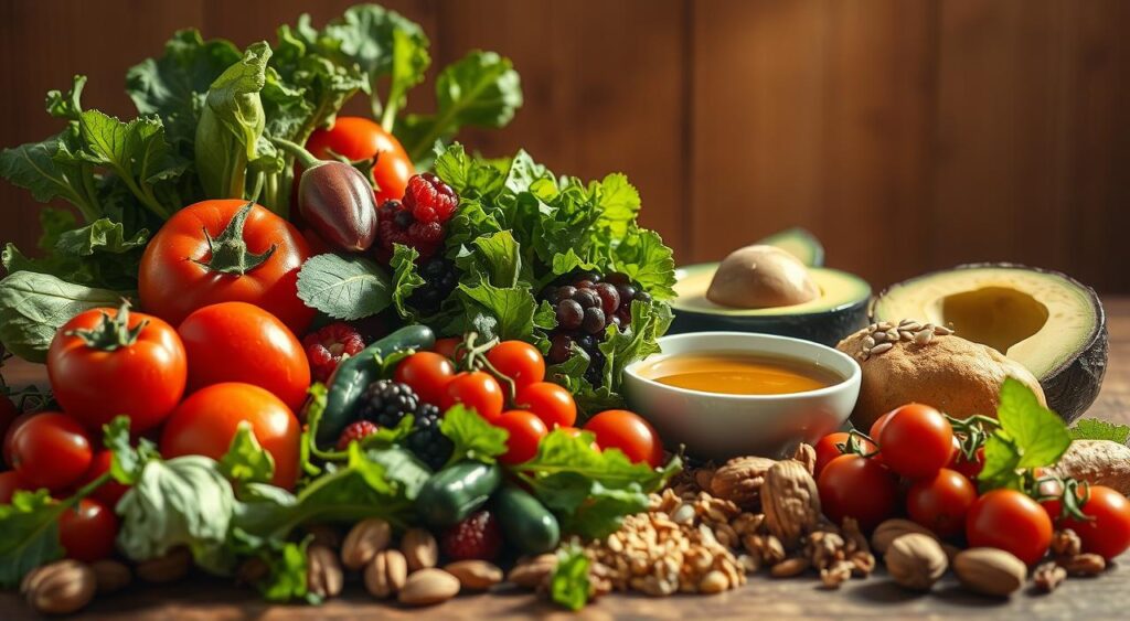 A nourishing still-life scene of heart-healthy foods, bathed in warm, natural lighting. In the foreground, a bountiful arrangement of vibrant vegetables and fruits - crisp leafy greens, juicy tomatoes, vibrant berries, and crunchy nuts. In the middle ground, a bowl of creamy avocado, a drizzle of olive oil, and a sprinkle of seeds. The background features a wooden surface, with a minimalist, elegant aesthetic. The overall composition evokes a sense of balance, vitality, and the essential nutrients required for robust cardiovascular health. A nourishing still-life scene of heart-healthy foods, bathed in warm, natural lighting. In the foreground, a bountiful arrangement of vibrant vegetables and fruits - crisp leafy greens, juicy tomatoes, vibrant berries, and crunchy nuts. In the middle ground, a bowl of creamy avocado, a drizzle of olive oil, and a sprinkle of seeds. The background features a wooden surface, with a minimalist, elegant aesthetic. The overall composition evokes a sense of balance, vitality, and the essential nutrients required for robust cardiovascular health.