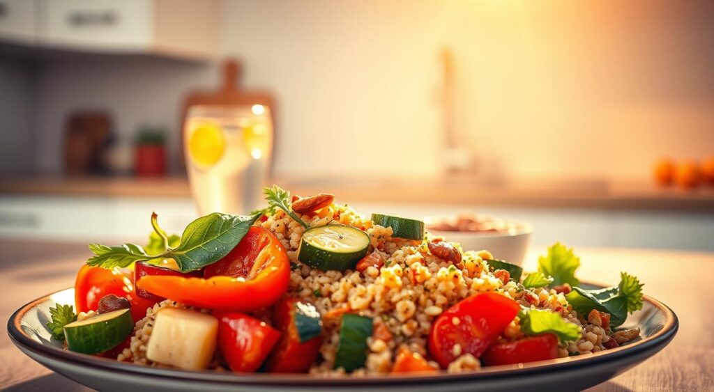 A nourishing transition to the DASH diet: a vibrant plate of fresh vegetables, whole grains, and lean protein, bathed in warm golden light and framed by a minimalist kitchen counter. The foreground showcases a heaping serving of roasted bell peppers, zucchini, and quinoa, complemented by a drizzle of herb-infused olive oil. In the middle ground, a glass of refreshing infused water and a small bowl of heart-healthy nuts add texture and balance. The background features a simple, calming environment, hinting at the peaceful, wellness-focused lifestyle that the DASH diet promotes. The overall scene conveys a sense of ease, mindfulness, and the promise of improved health through gradual, sustainable dietary change.