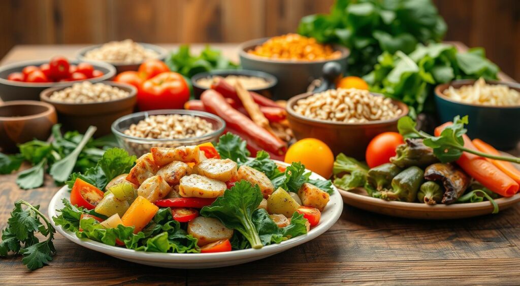 A nourishing, vibrant meal on a wooden table, with a variety of fresh, colorful ingredients arranged artfully. In the foreground, a plate showcases a balanced, hearty dish - steamed vegetables, lean protein, and a light dressing. In the middle ground, bowls of grains, leafy greens, and other Volumetrics-friendly foods surround the plate. The background features a warm, natural lighting, highlighting the textures and colors of the meal. The overall scene conveys a sense of health, abundance, and the joyful experience of preparing and sharing a nutritious, satisfying Volumetrics-inspired dish.