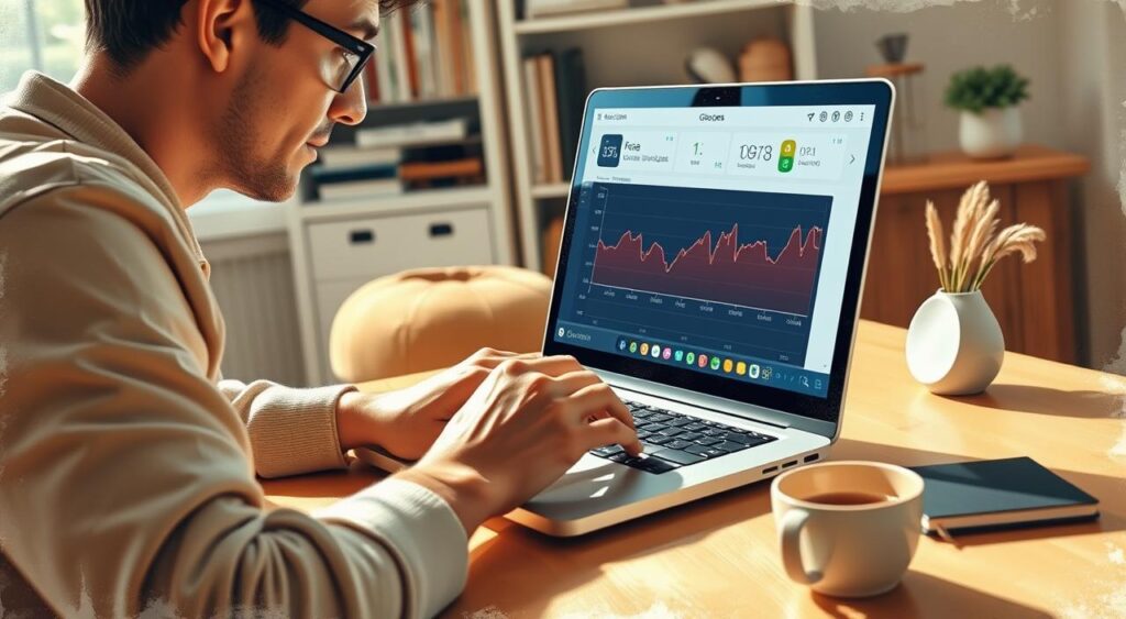 A person sitting at a desk, carefully monitoring a continuous glucose monitor (CGM) display on their laptop. The scene is well-lit with soft, natural lighting filtering through a window, creating a warm, inviting atmosphere. The foreground features the person's hands interacting with the CGM data, their expression one of focused attention. The middle ground showcases the laptop screen displaying real-time glucose trends, with clear visualization of the glycemic response. The background subtly suggests a home office or study environment, with shelves of books and minimal, organized decor. The overall composition conveys the importance of self-monitoring and understanding one's unique glycemic patterns.