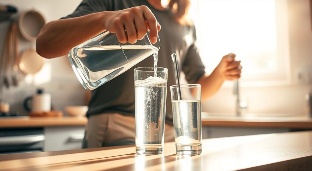 A person standing at a kitchen counter, pouring water from a glass pitcher into a clear drinking glass. The kitchen has bright, natural lighting from a window, casting a warm, diffused glow on the scene. The person's face is not visible, but their hand and the water pouring into the glass are the focus. The background is blurred, with hints of modern kitchen appliances and fixtures. The mood is calm, refreshing, and inviting, emphasizing the importance of hydration as part of a healthy morning routine.