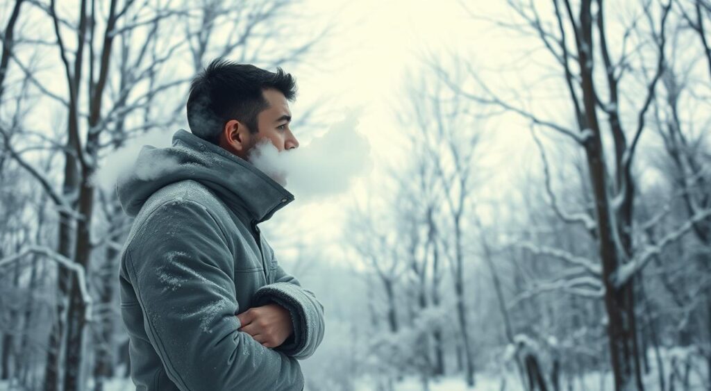A person standing in a snowy forest, the cold air visible through their breath. The foreground shows their body tightly wrapped in a warm winter coat, steam rising from their skin as they brace against the elements. The middle ground features a backdrop of bare, frosted trees, their branches reaching up towards a pale, overcast sky. The lighting is natural and diffused, casting a cool, bluish tone over the scene. The overall mood is one of exposure to the harsh, yet invigorating, effects of the cold environment. A person standing in a snowy forest, the cold air visible through their breath. The foreground shows their body tightly wrapped in a warm winter coat, steam rising from their skin as they brace against the elements. The middle ground features a backdrop of bare, frosted trees, their branches reaching up towards a pale, overcast sky. The lighting is natural and diffused, casting a cool, bluish tone over the scene. The overall mood is one of exposure to the harsh, yet invigorating, effects of the cold environment.