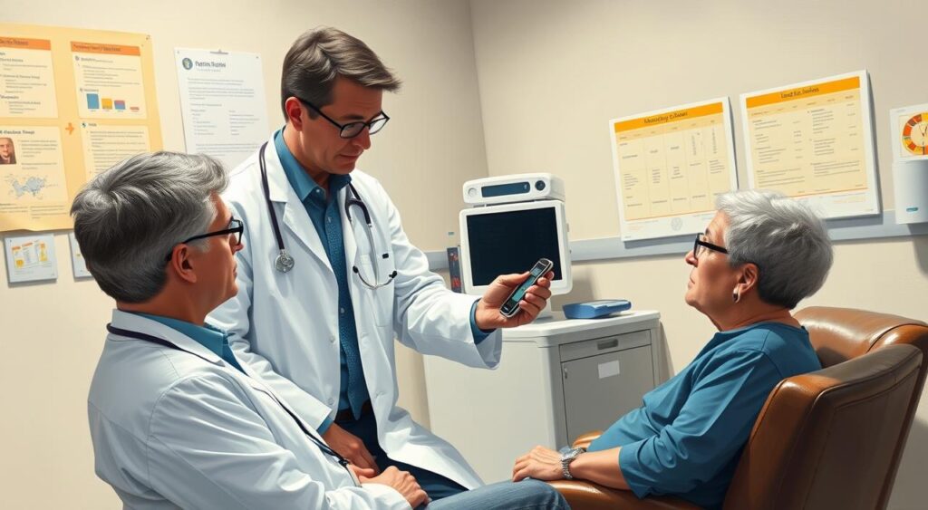 A physician in a lab coat, examining a patient's blood glucose monitor and discussing the importance of monitoring glycemic index and glycemic load for blood sugar control. The patient, seated in a comfortable chair, listens intently as the doctor explains the principles behind these measures. The clinic setting is well-lit, with modern medical equipment and charts in the background, conveying a professional and informative atmosphere. The scene emphasizes the expertise and care the doctor provides in diagnosing and managing the patient's blood sugar needs.