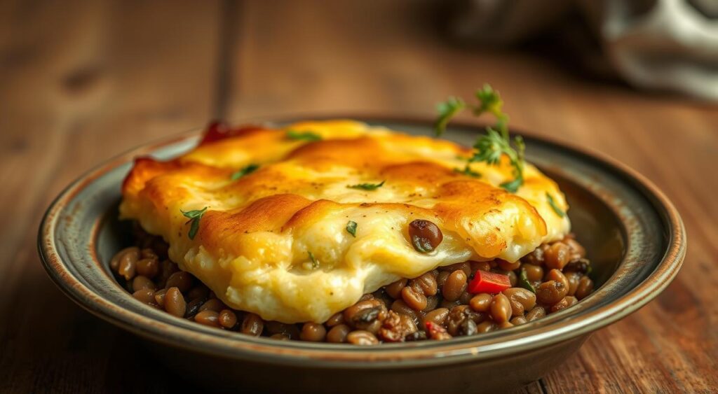 A rustic lentil shepherd's pie, the savory filling of earthy lentils, aromatic vegetables, and herbs, nestled beneath a golden-brown crust of creamy mashed potatoes. Soft lighting from above casts a warm glow, highlighting the dish's textural contrast and rich, comforting appearance. The scene is framed by a simple wooden table, lending a homey, farmhouse-inspired aesthetic. The overall mood is one of cozy, nourishing plant-based indulgence, capturing the essence of the A rustic lentil shepherd's pie, the savory filling of earthy lentils, aromatic vegetables, and herbs, nestled beneath a golden-brown crust of creamy mashed potatoes. Soft lighting from above casts a warm glow, highlighting the dish's textural contrast and rich, comforting appearance. The scene is framed by a simple wooden table, lending a homey, farmhouse-inspired aesthetic. The overall mood is one of cozy, nourishing plant-based indulgence, capturing the essence of the