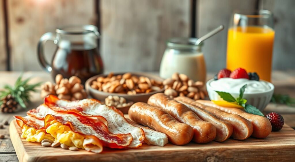 A rustic still life featuring an assortment of protein-rich breakfast options. In the foreground, crisp bacon, fluffy scrambled eggs, and juicy chicken sausages are artfully arranged on a wooden cutting board. The middle ground showcases a variety of nuts, seeds, and Greek yogurt with fresh berries. In the background, a carafe of freshly brewed coffee and a glass of fresh-squeezed orange juice set the stage for a nourishing and satisfying morning meal. The scene is bathed in warm, natural lighting, creating a cozy and appetizing atmosphere. Captured with a wide-angle lens to showcase the abundance of high-protein breakfast choices.