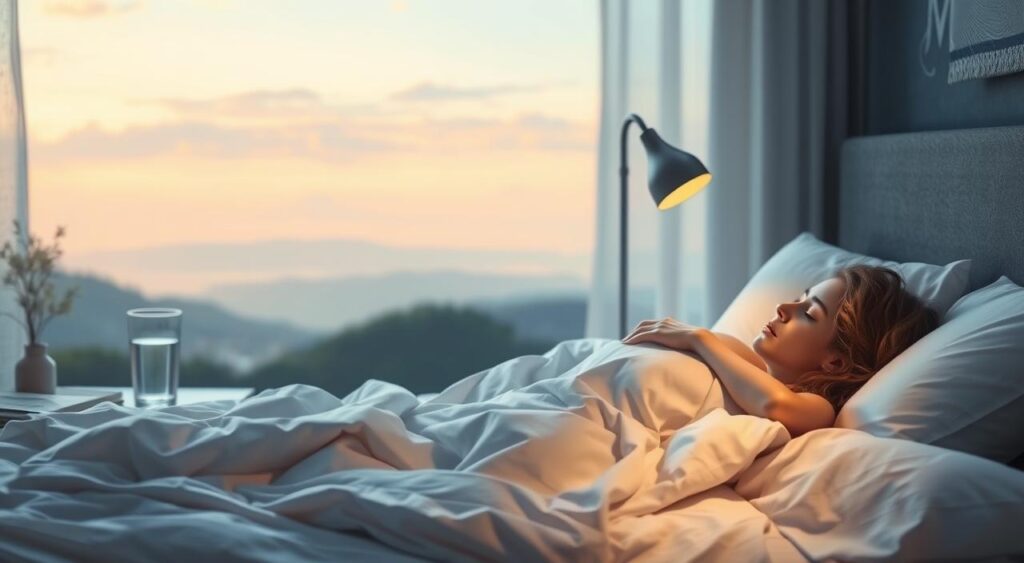 A serene bedroom scene with a person sleeping peacefully, surrounded by calming elements that evoke the connection between sleep and metabolism. The foreground depicts a comfortable bed with soft, luxurious bedding, while the middle ground showcases a nightstand with a glass of water and a book, symbolizing the importance of healthy sleep habits. The background features a tranquil landscape, with a calming sky and subtle lighting that creates a soothing atmosphere. The overall composition conveys a sense of balance and harmony, reflecting the intricate relationship between sleep and weight management.