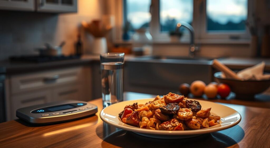 A serene home kitchen at dusk, bathed in warm, soft lighting. On the counter, a plate with a delectable meal - a hearty, home-cooked dish that embodies the concept of 