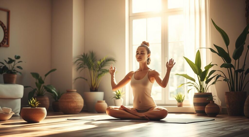 A serene indoor scene with a person practicing yoga in a well-lit, airy room. Soft, natural lighting from a large window illuminates the scene, casting a warm, inviting glow. The person is in a seated meditation pose, radiating a sense of calm and inner peace. In the background, healthy potted plants and natural decor elements create a soothing, spa-like atmosphere. The overall composition conveys a sense of balance, mindfulness, and the importance of nurturing one's metabolism through holistic, natural practices.